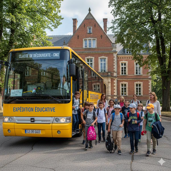 Car scolaire jaune avec des enfants devant